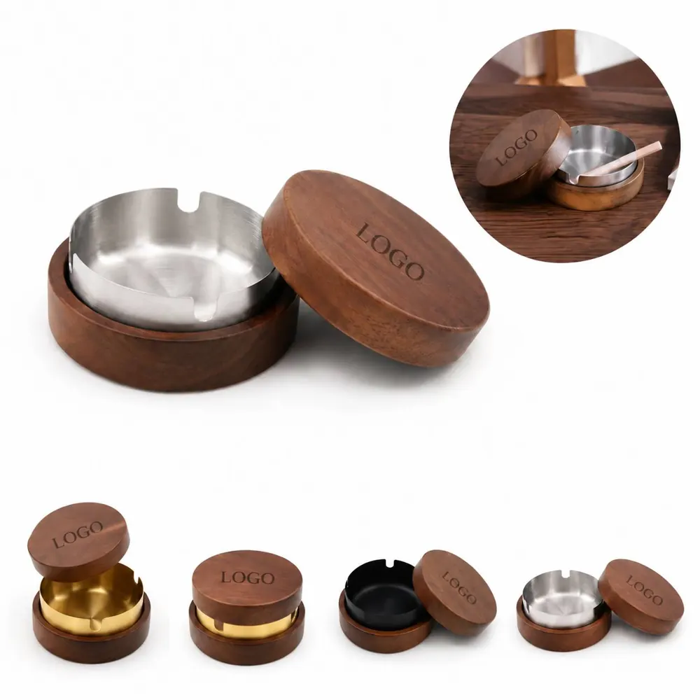 Wooden Ashtray with Stainless Steel Liner and Lid