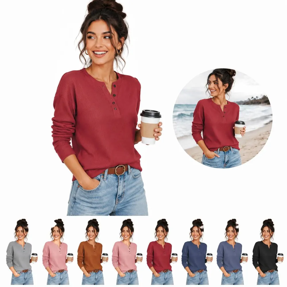 Women's Oversized V-Neck Button Long Sleeve Tee 2