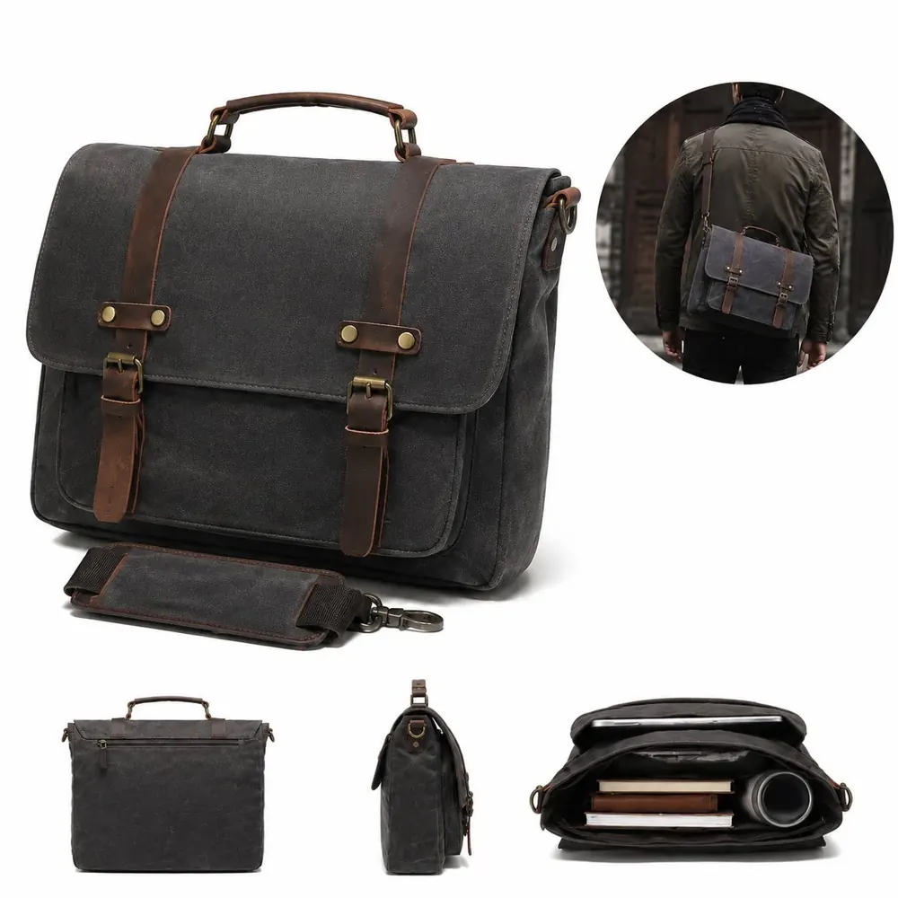 Men's Vintage Waxed Canvas Crossbody Bag with Adjustable 2