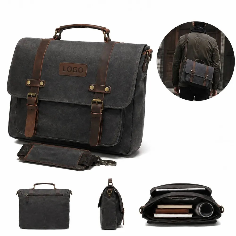 Men's Vintage Waxed Canvas Crossbody Bag with Adjustable