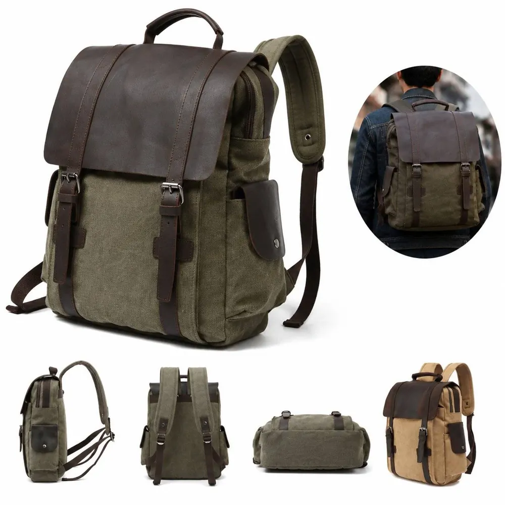 Crazy Horse Leather Canvas Backpack with Padded Straps 2