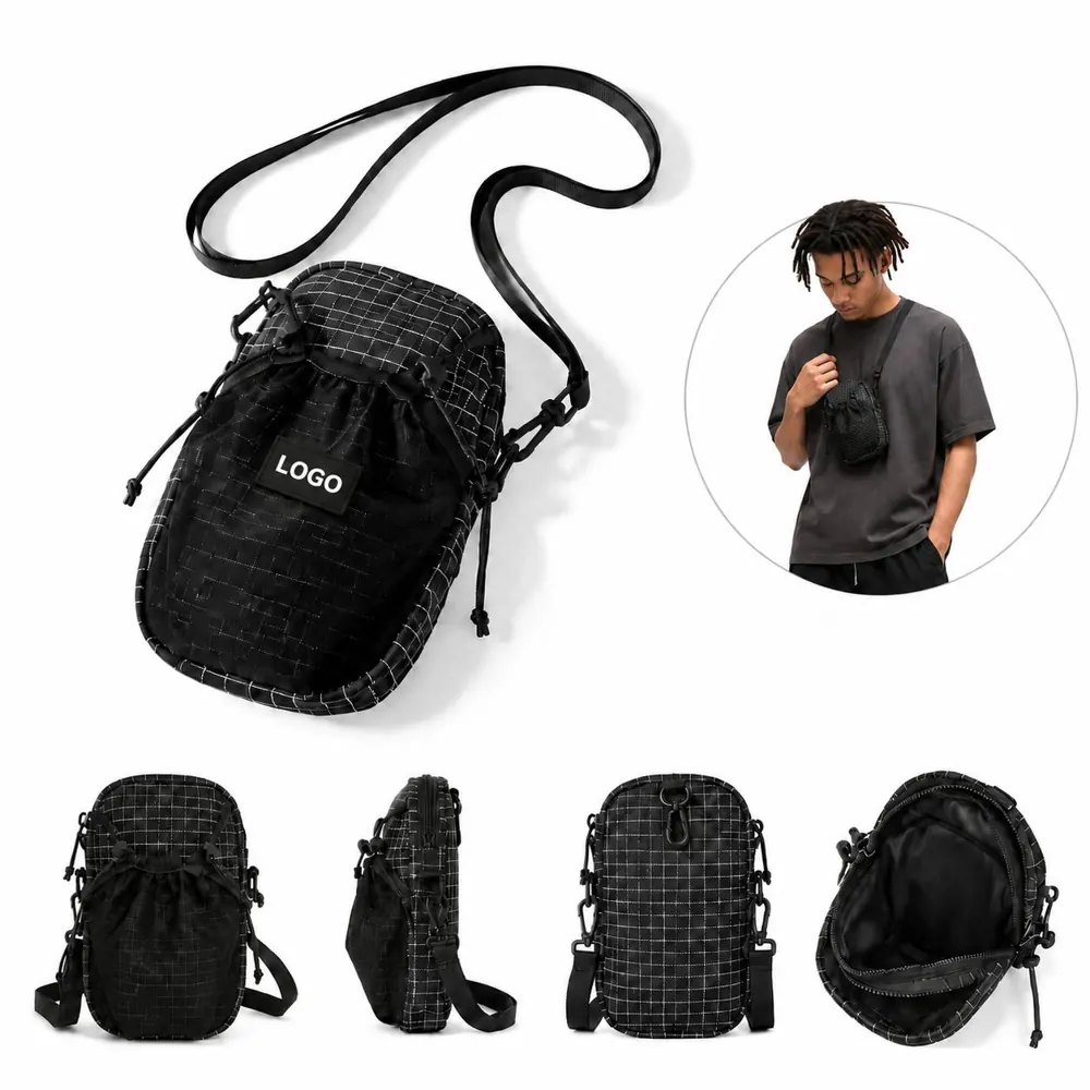 Nylon Drawstring Bucket Crossbody Bag with Adjustable Strap
