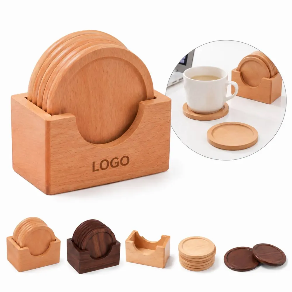 6-Piece Natural Wood Coaster Set, 3.54" Round Drink