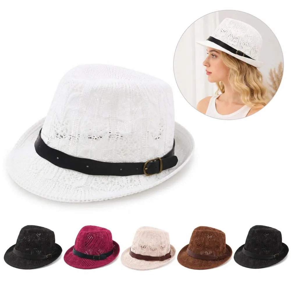 Openwork Knit Fedora Hat with Decorative Belt Band 2