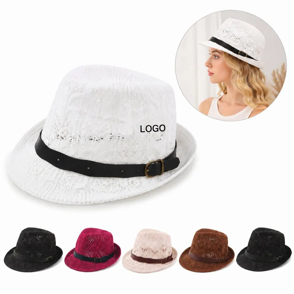 Openwork Knit Fedora Hat with Decorative Belt Band