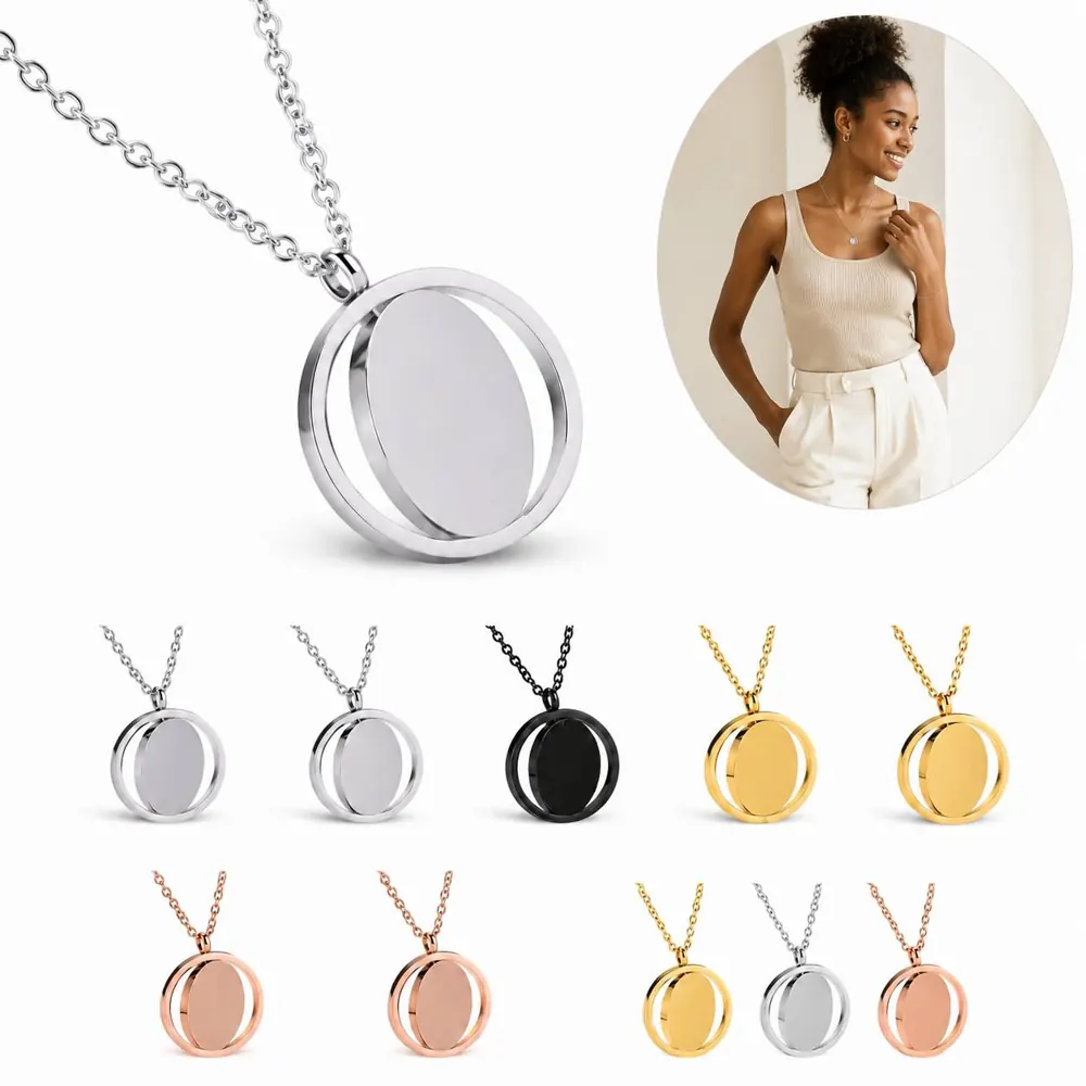 Stainless Steel Rotatable Round Pendant Necklace 360° Spin 2