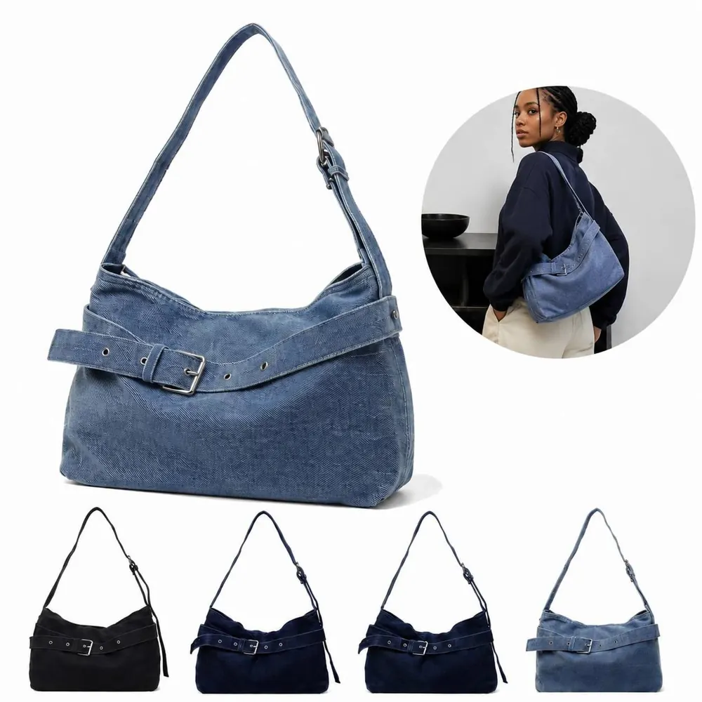 Denim Retro Tote Bag with Multiple Pockets for Everyday Use 2
