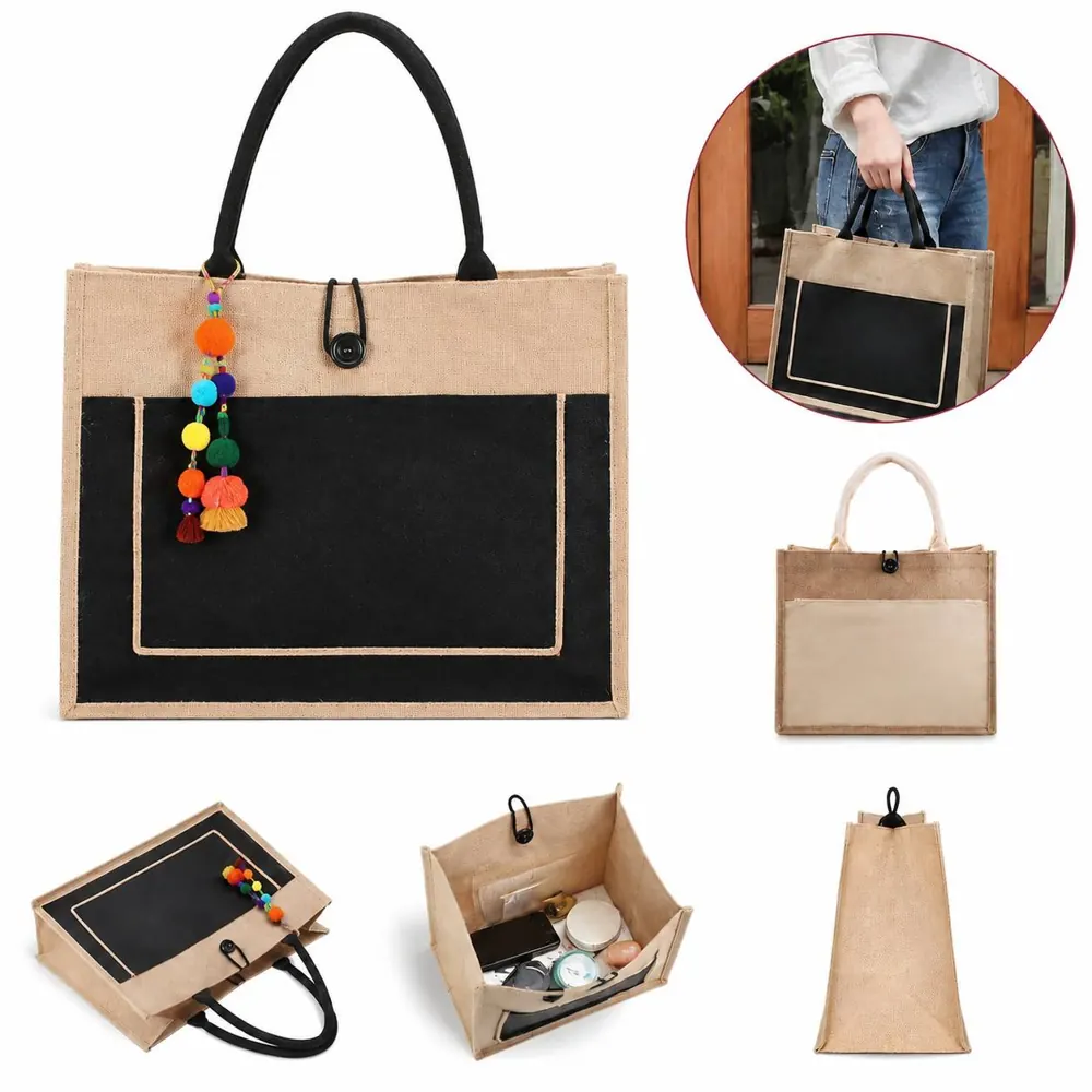 Natural Jute Tote Bag with Pocket for Everyday Use 2