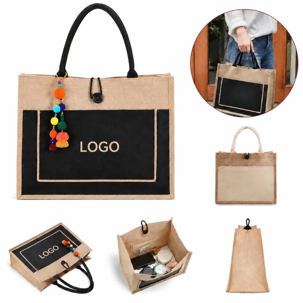 Natural Jute Tote Bag with Pocket for Everyday Use