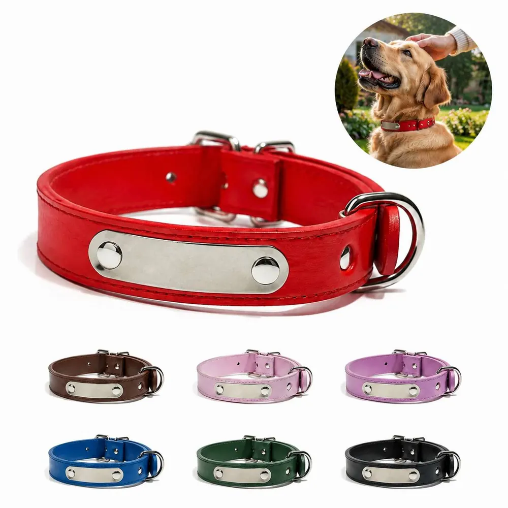PU Leather Dog Collar with Engravable Alloy ID Tag 2
