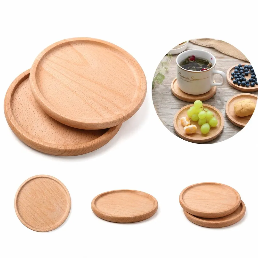 Natural Wood Coasters, Grooved Beech Round Cup Mats for Hot 2