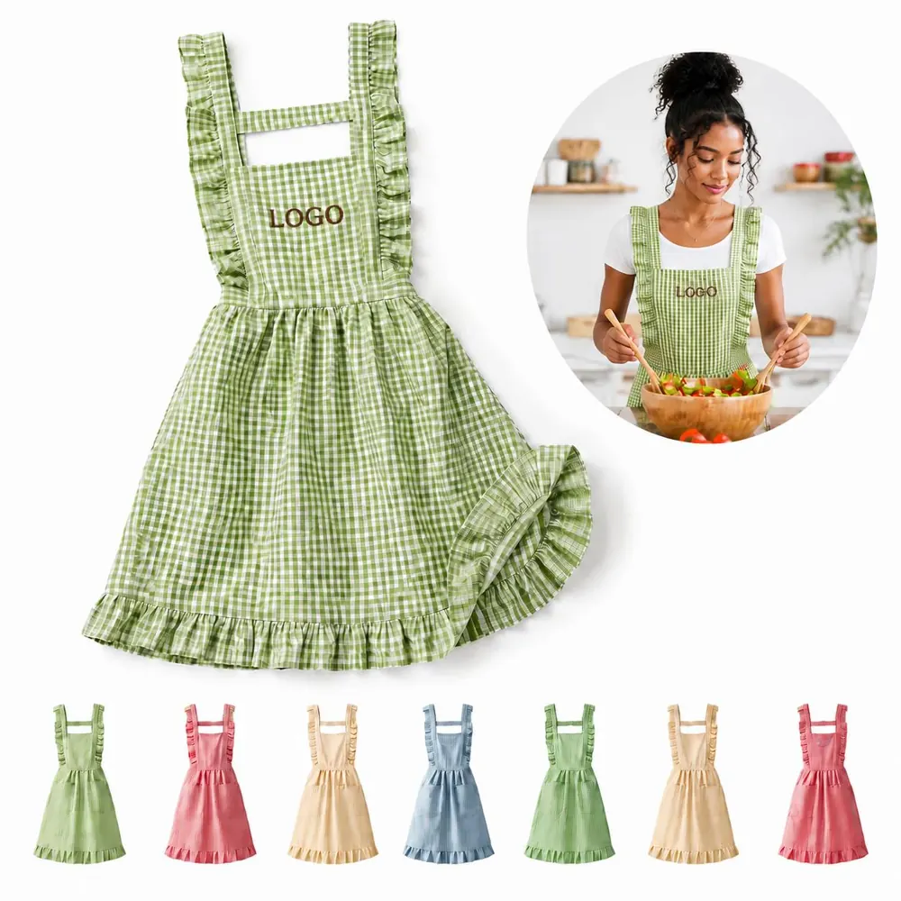Ruffled Cotton Cooking Apron with Pockets, Adjustable Fit