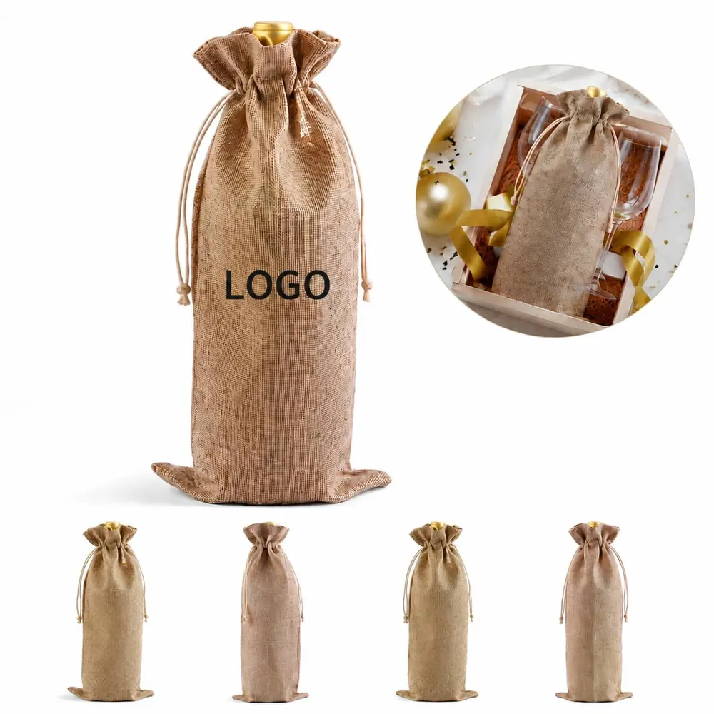 Natural Jute Drawstring Wine Gift Bag with Burlap Finish