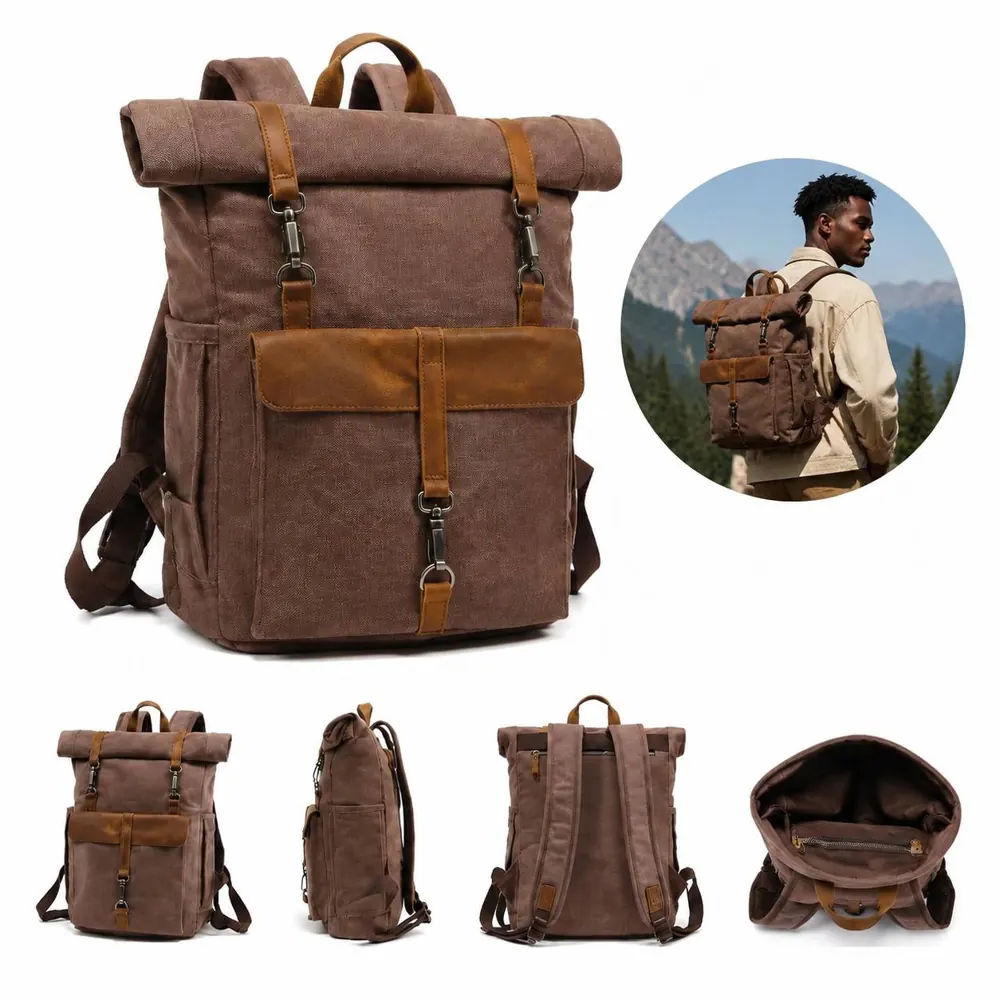 Vintage Leather Canvas Laptop Backpack with Expandable 2