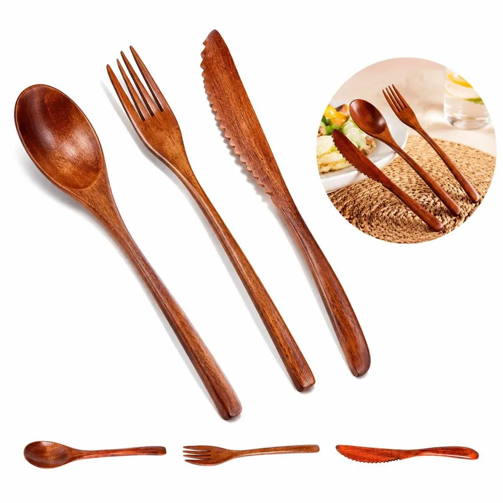 Natural Nanmu Wood Cutlery Set, Reusable Eco-Friendly 2