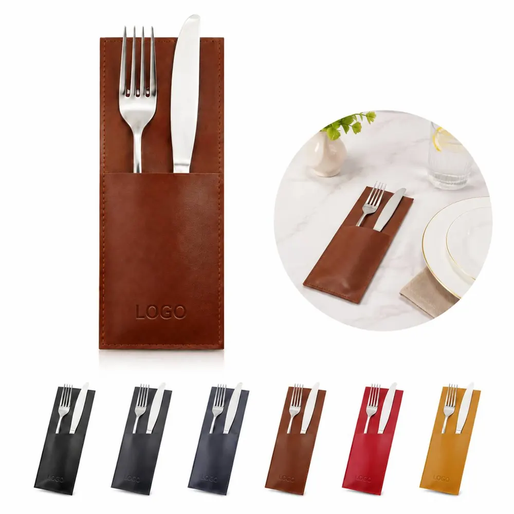PU Leather Cutlery Bag with Compartments for Dining Storage
