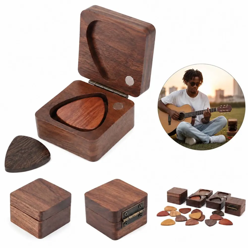 Natural Wood Guitar Picks Box with Sliding Lid 2