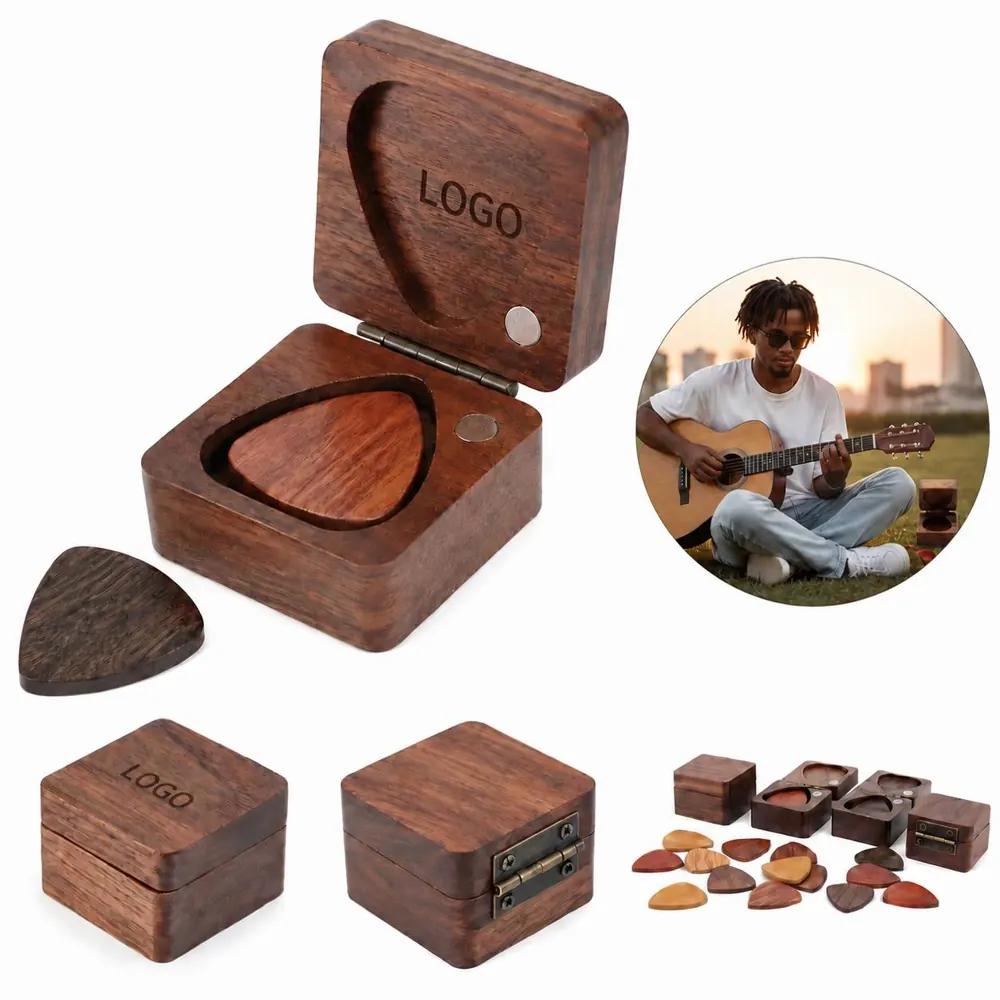 Natural Wood Guitar Picks Box with Sliding Lid