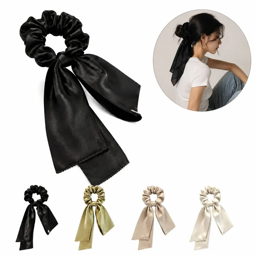 Pearl Bow Satin Scrunchie Hair Tie for Women 2