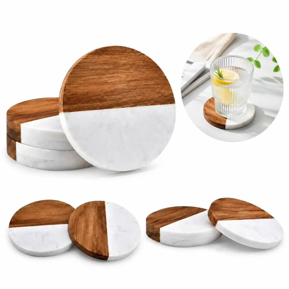 Marble Wood Spliced Coaster Set Heat Resistant for Cups 2