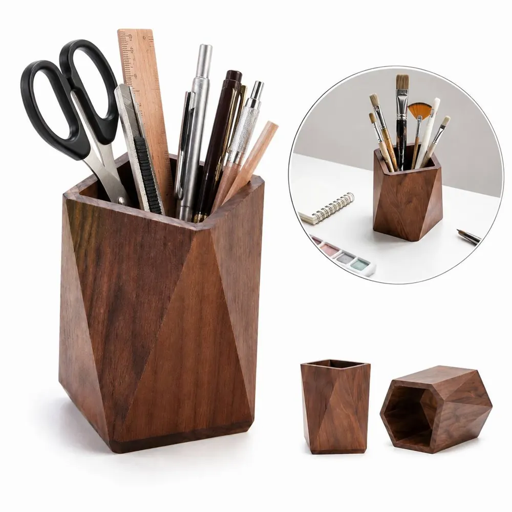 Natural Wood Black Walnut Pen Holder with Multi Compartments 2