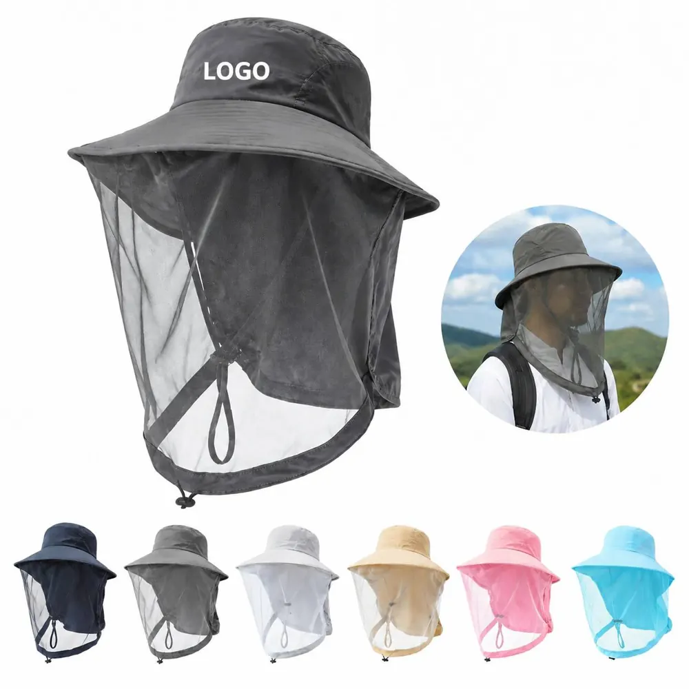 UPF50+ Wide Brim Bucket Hat with Head Net for Outdoor