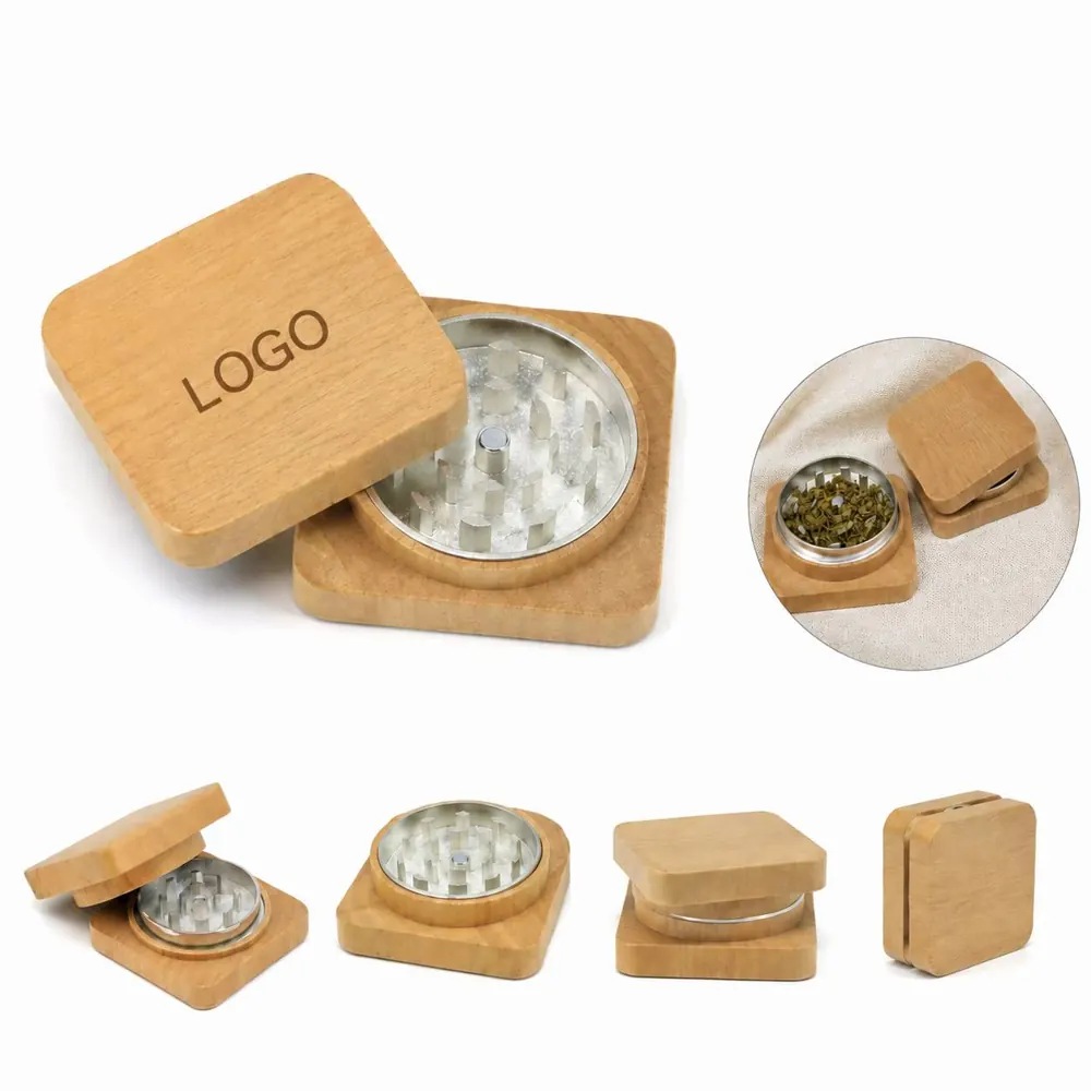 Natural Wood Tobacco Grinder with Metal Teeth, Portable