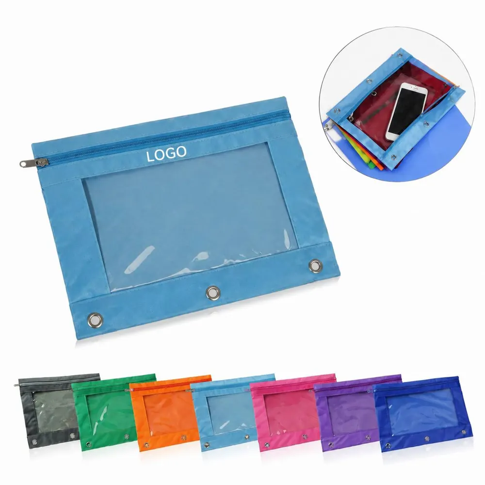 Clear Window Zipper Binder Pouch, 3-Hole for Pens