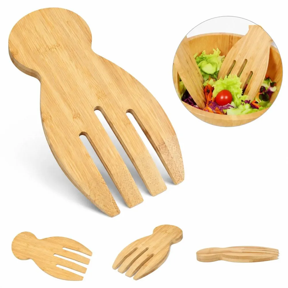 Ergonomic Bamboo Salad Mixing Utensils, Natural Wood 2