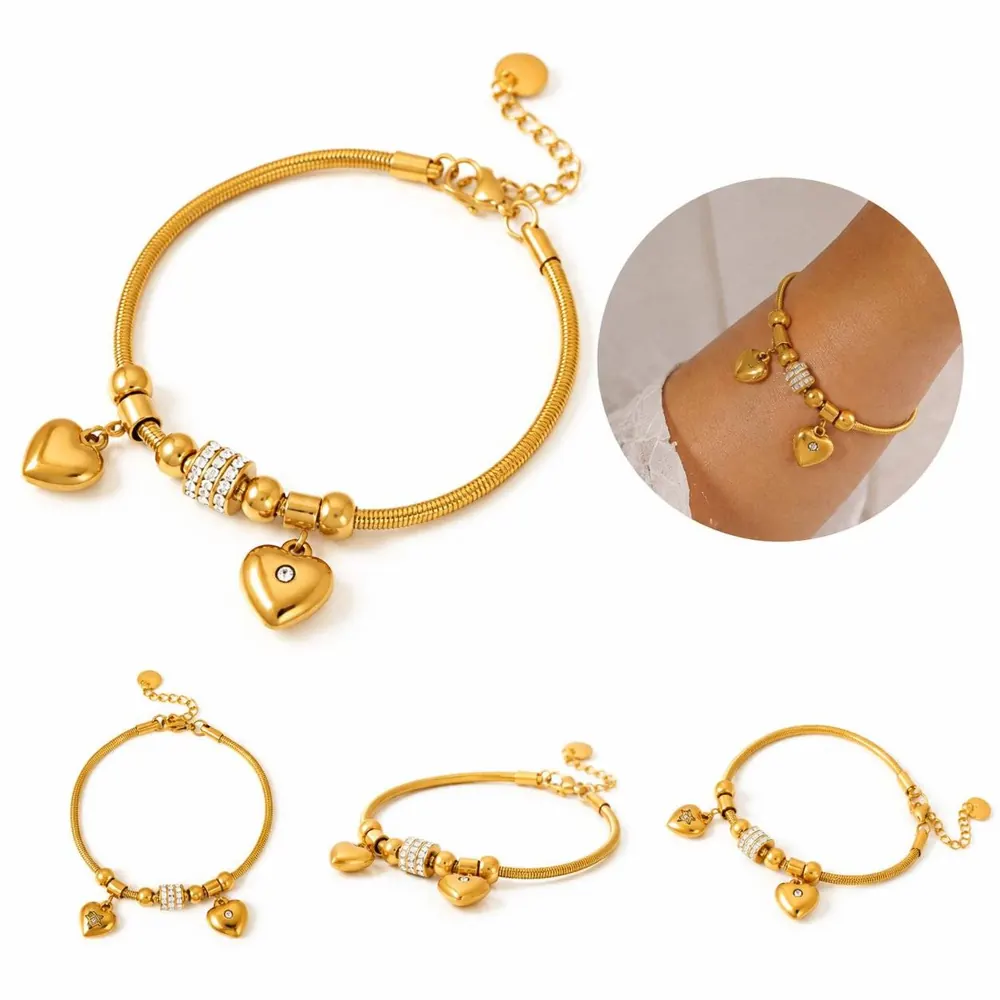 Double Heart Rhinestone Stainless Steel Snake Bracelet 2