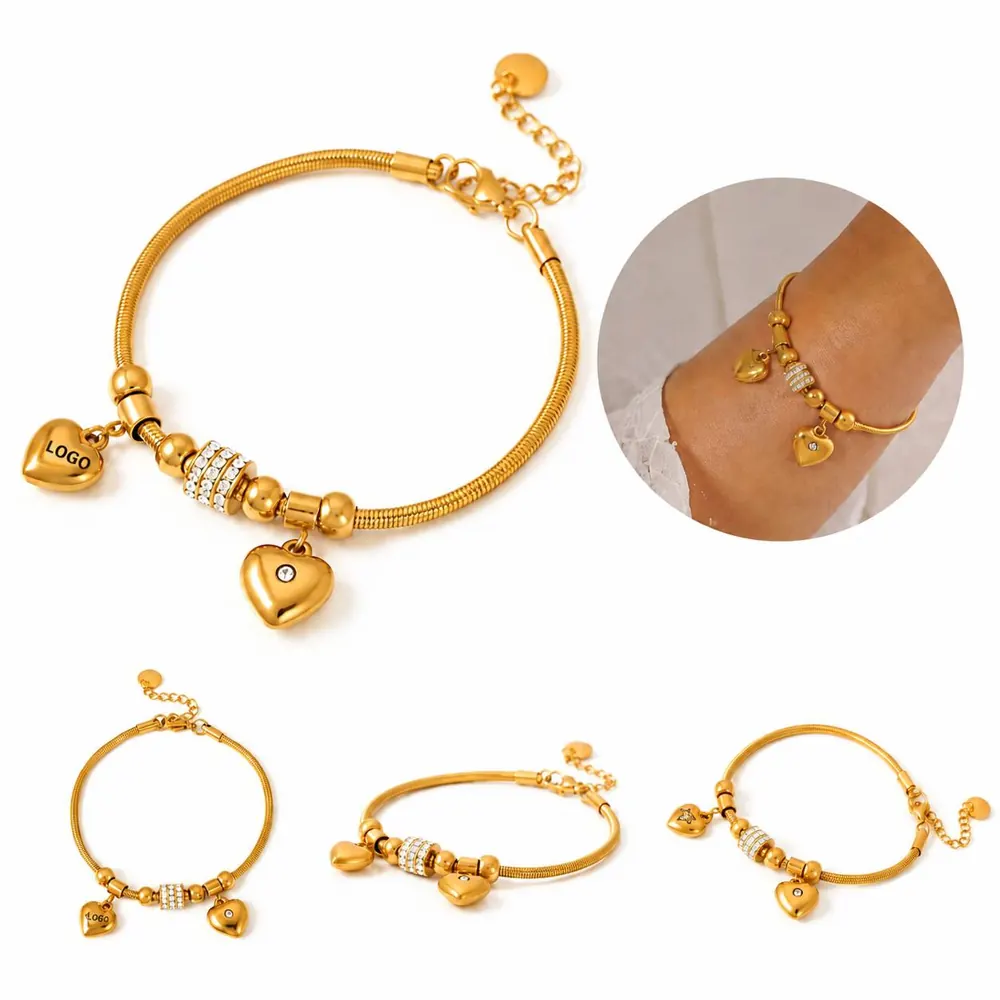 Double Heart Rhinestone Stainless Steel Snake Bracelet