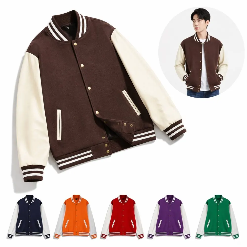 Unisex Cotton Varsity Jacket with Leather Sleeves 2