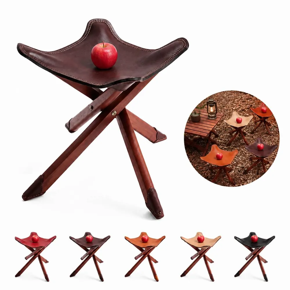 Folding Cowhide Garden Stool with Wooden Frame 2