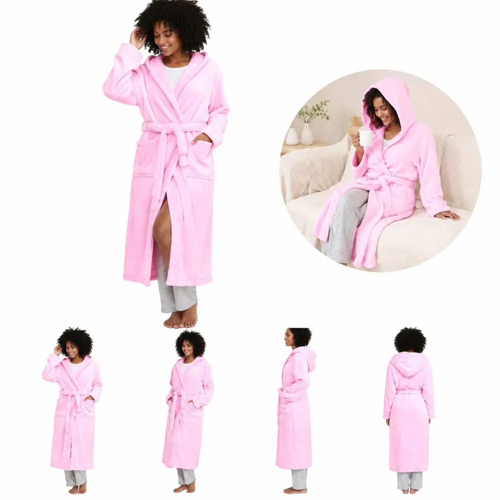 Unisex Hooded Fleece Bathrobe with Tie Belt for Women 2