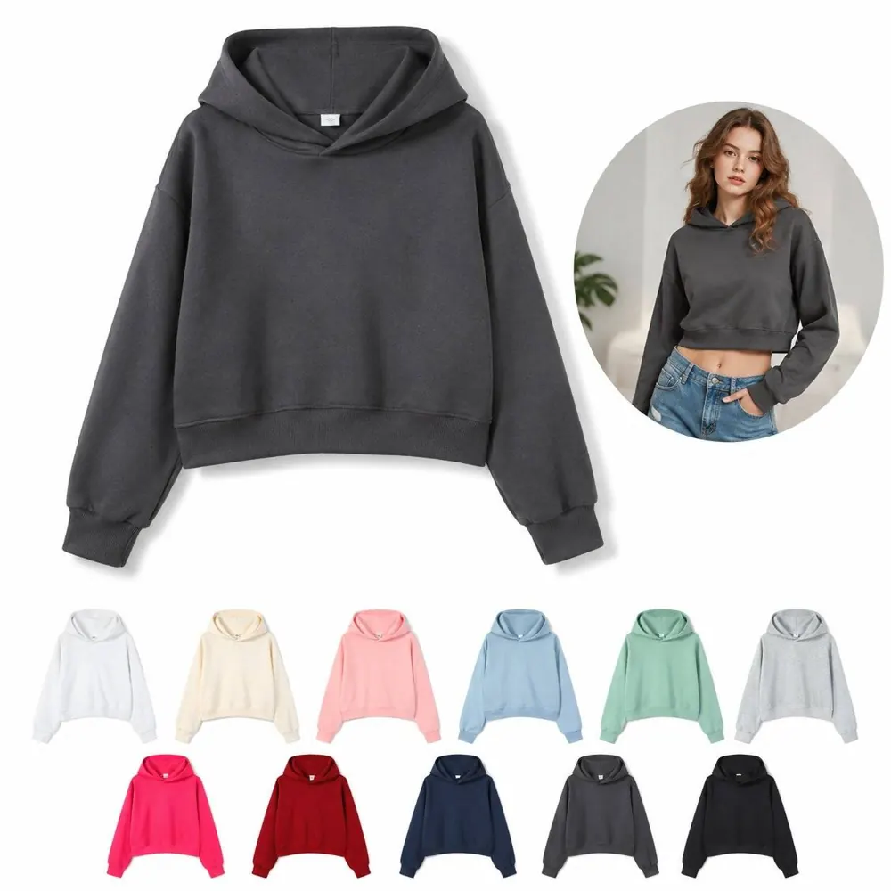 Cotton Drop Shoulder Cropped Pullover Hoodie 2