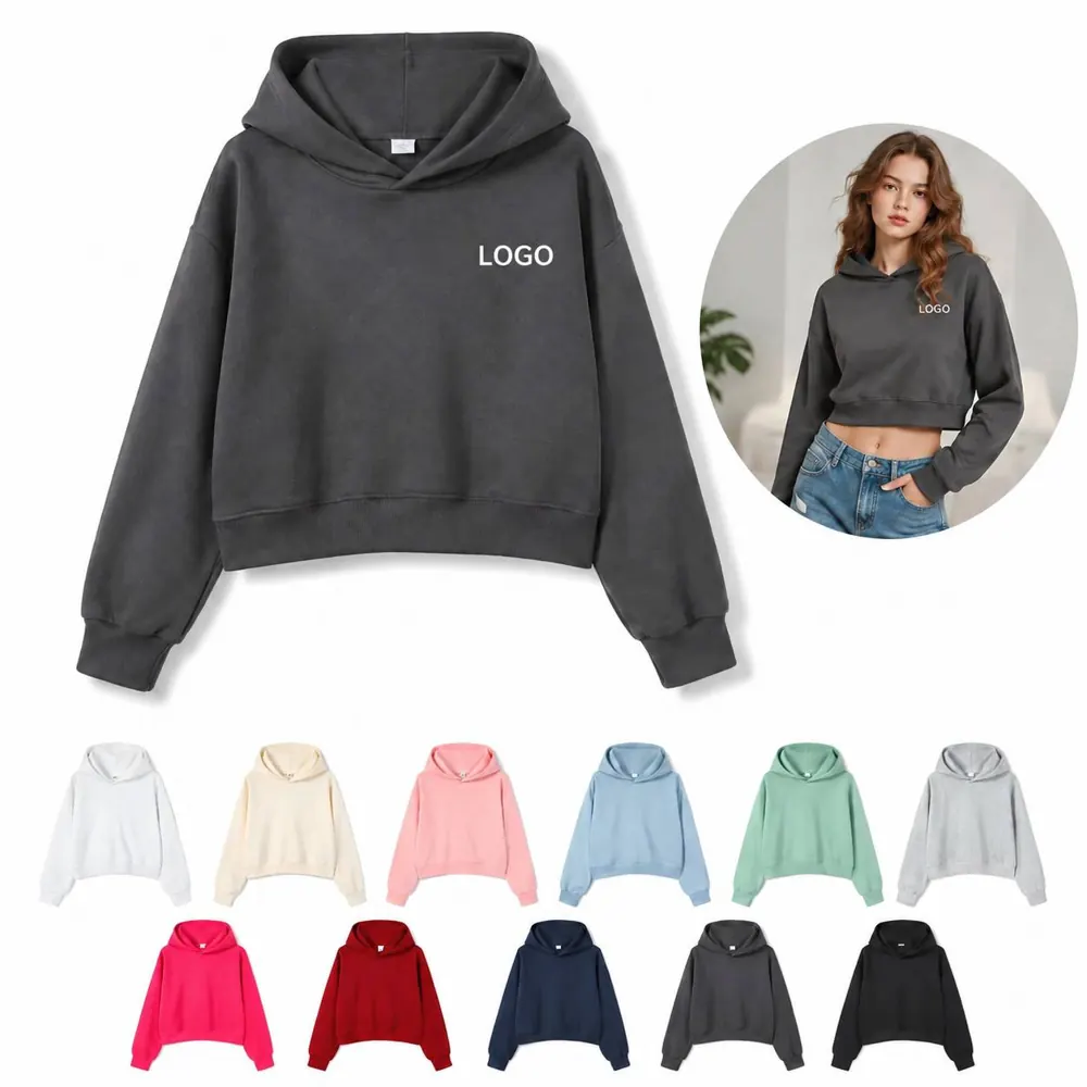 Cotton Drop Shoulder Cropped Pullover Hoodie