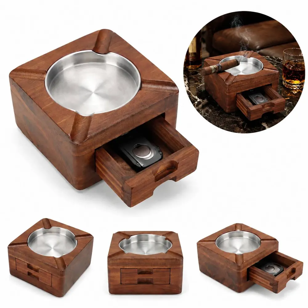 Natural Wood Cigar Ashtray with Deep Cavity and Grooves 2