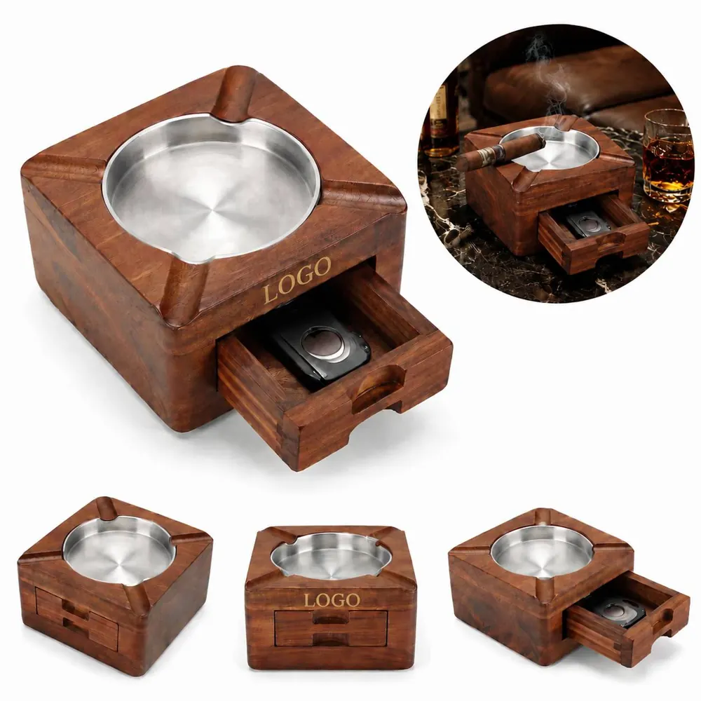 Natural Wood Cigar Ashtray with Deep Cavity and Grooves