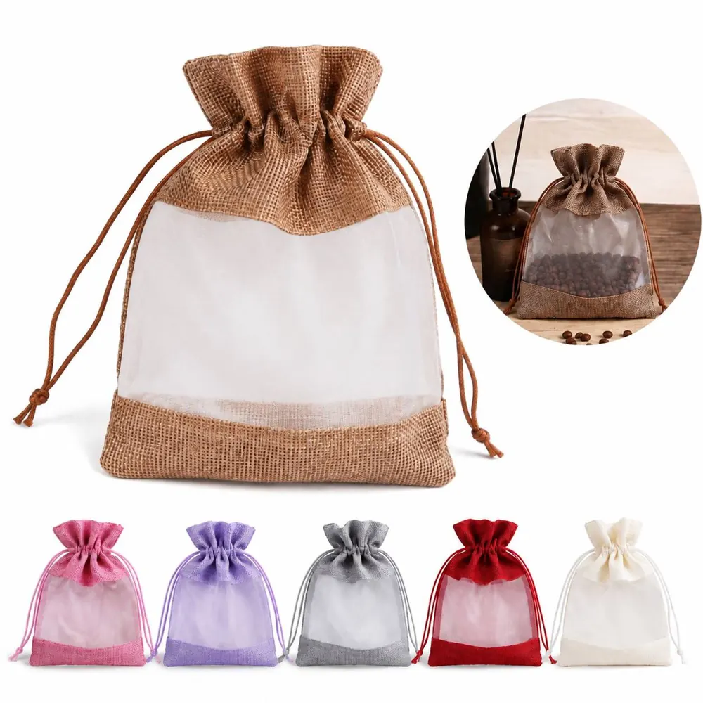 Natural Linen Drawstring Bag with Transparent Window 2