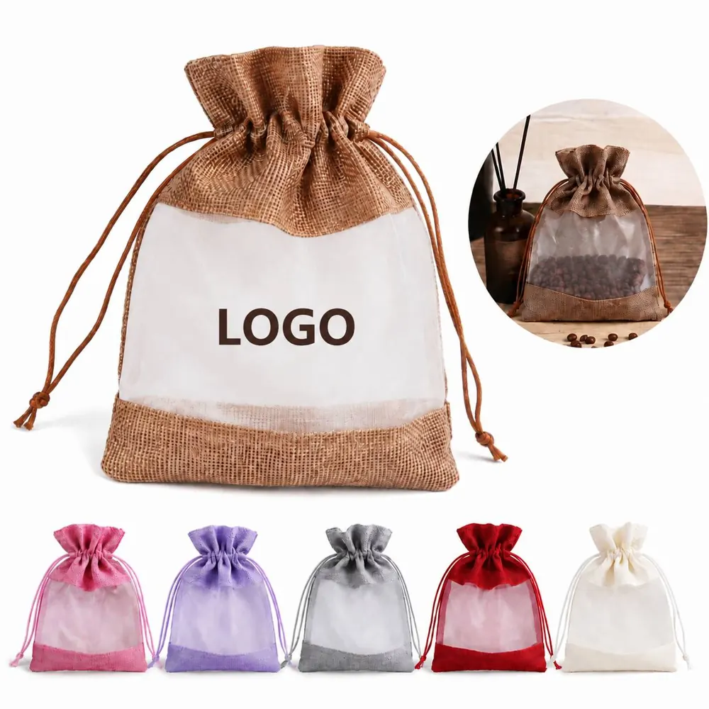 Natural Linen Drawstring Bag with Transparent Window