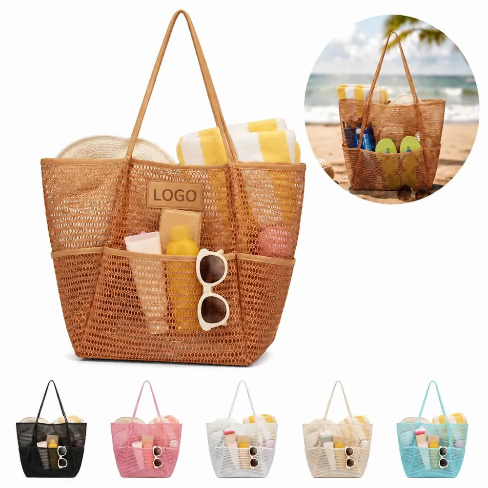 Large Mesh Beach Tote Bag with Multiple Pockets