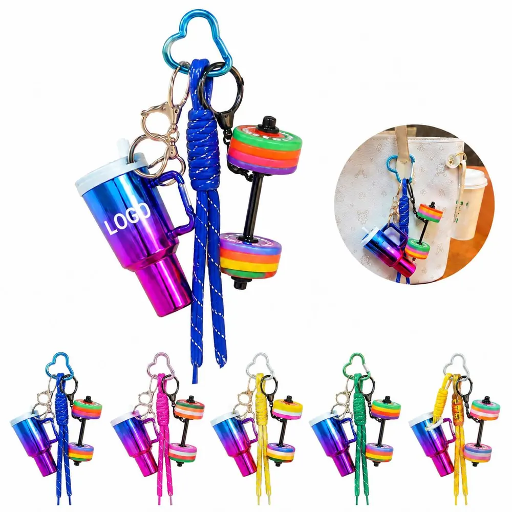 Iridescent Dumbbell & Barbell Keychain Set, Metal Fitness
