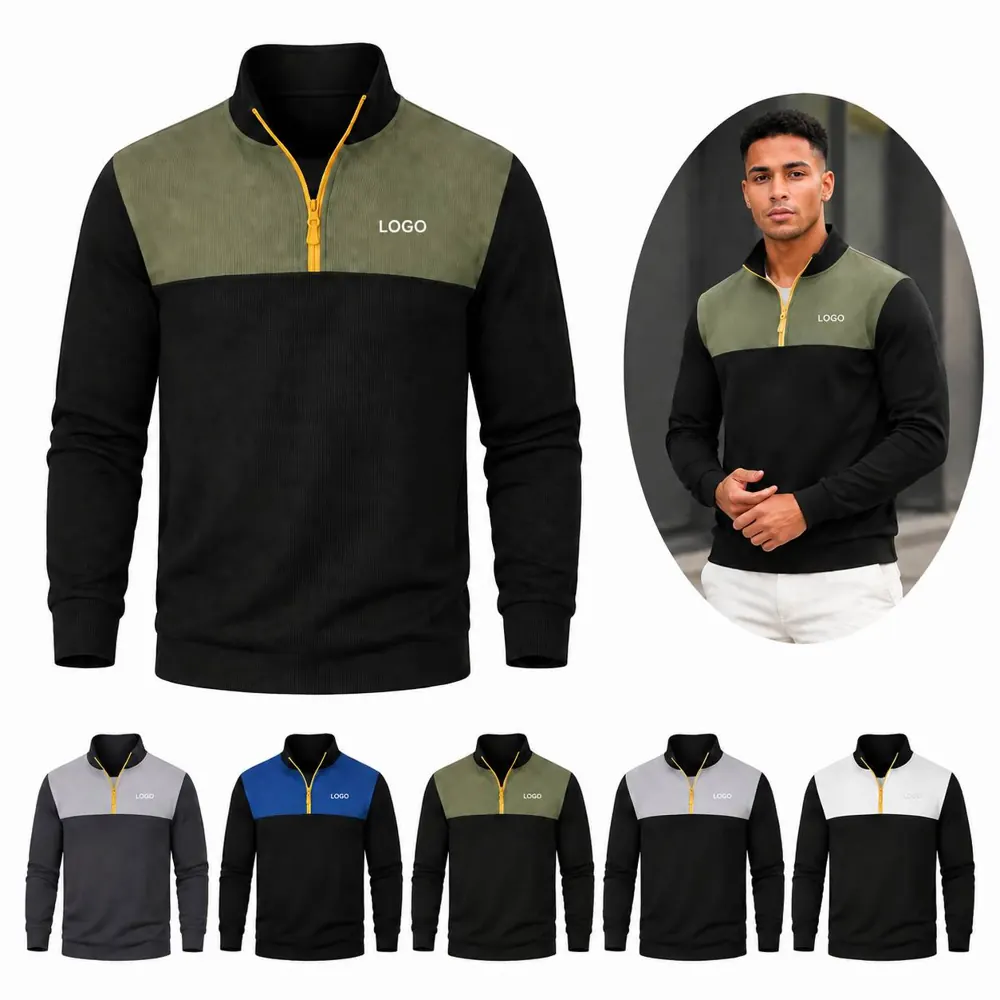 Men's Zip Patchwork Long Sleeve T-Shirt Casual Cotton Tee