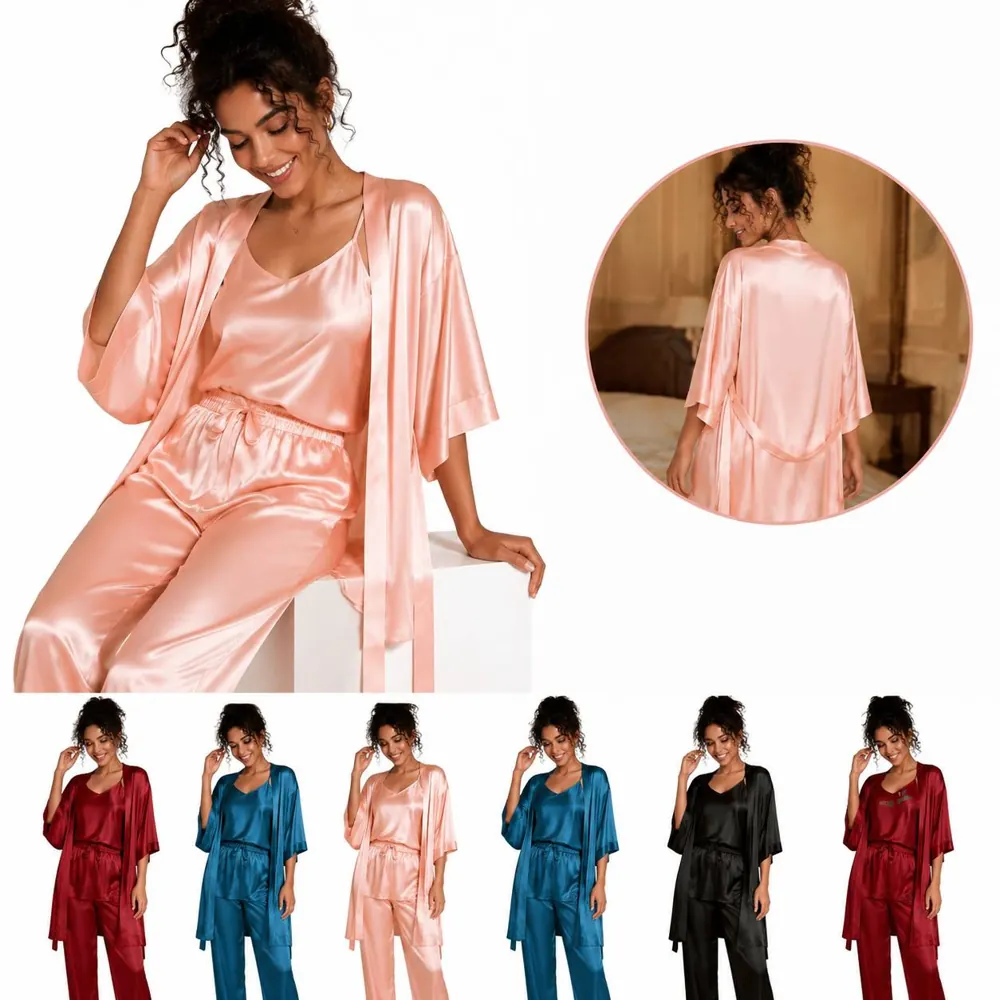 Women's Satin Sleepwear Set with Adjustable Straps and Robe 2