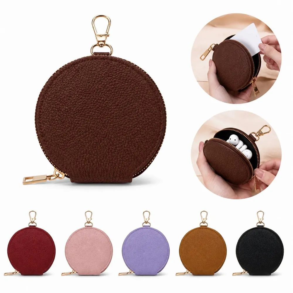 Litchi PU Leather Round Coin Purse with Keychain 2