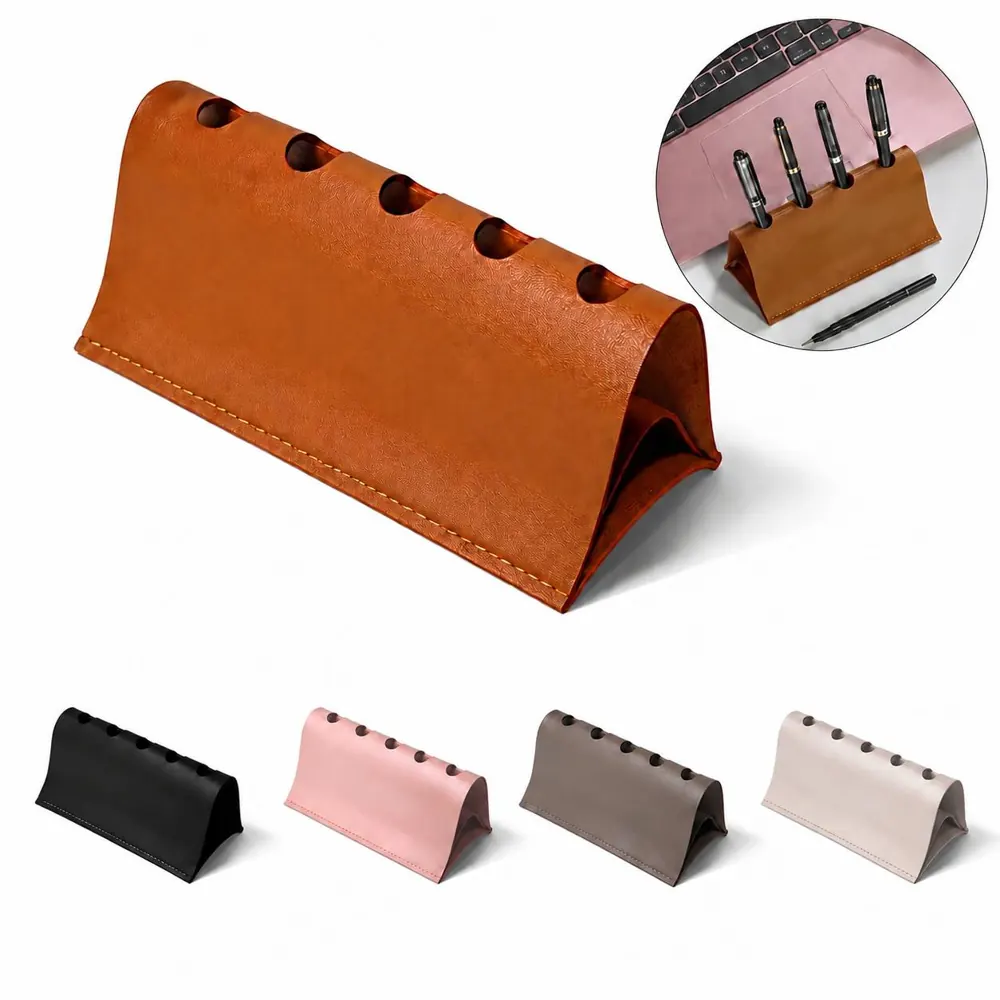 Leather Multi-Pen Holder with 5 Compartments for Desk 2