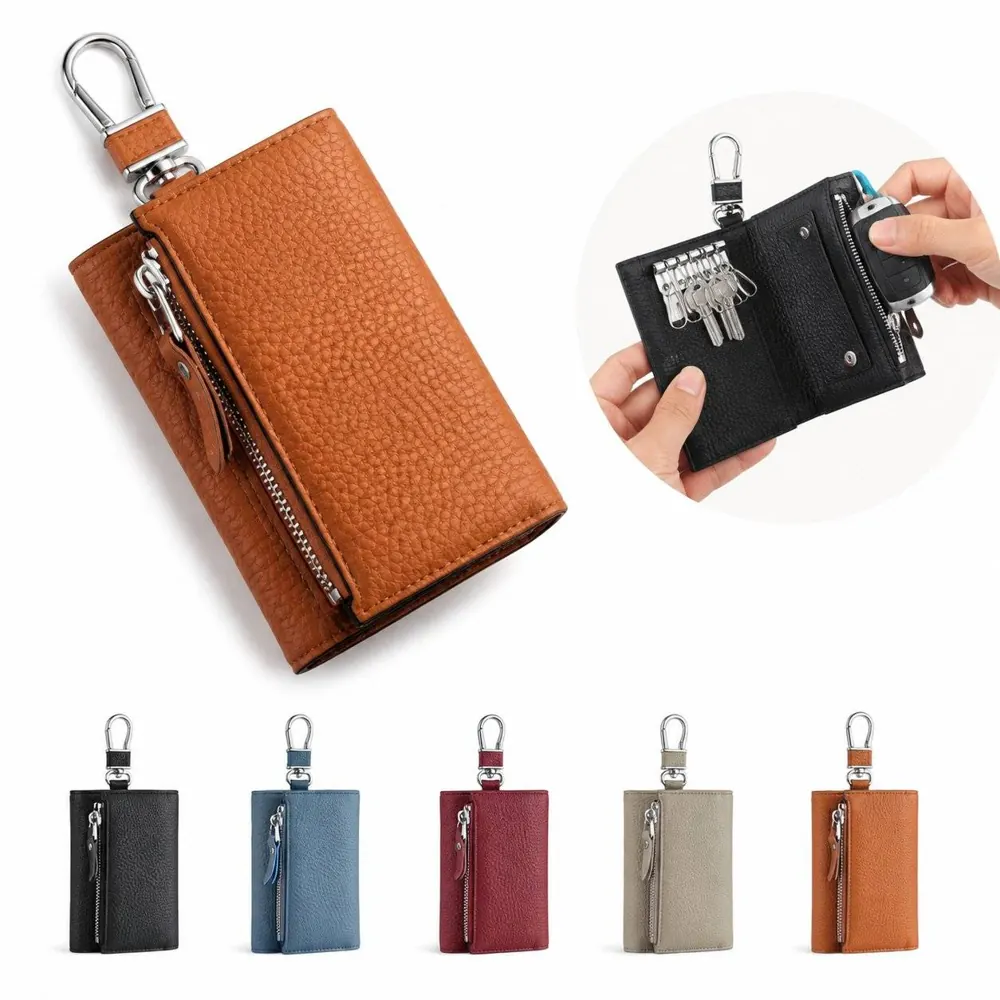 Leather Key Card Wallet with Zippered Pocket for Travel 2