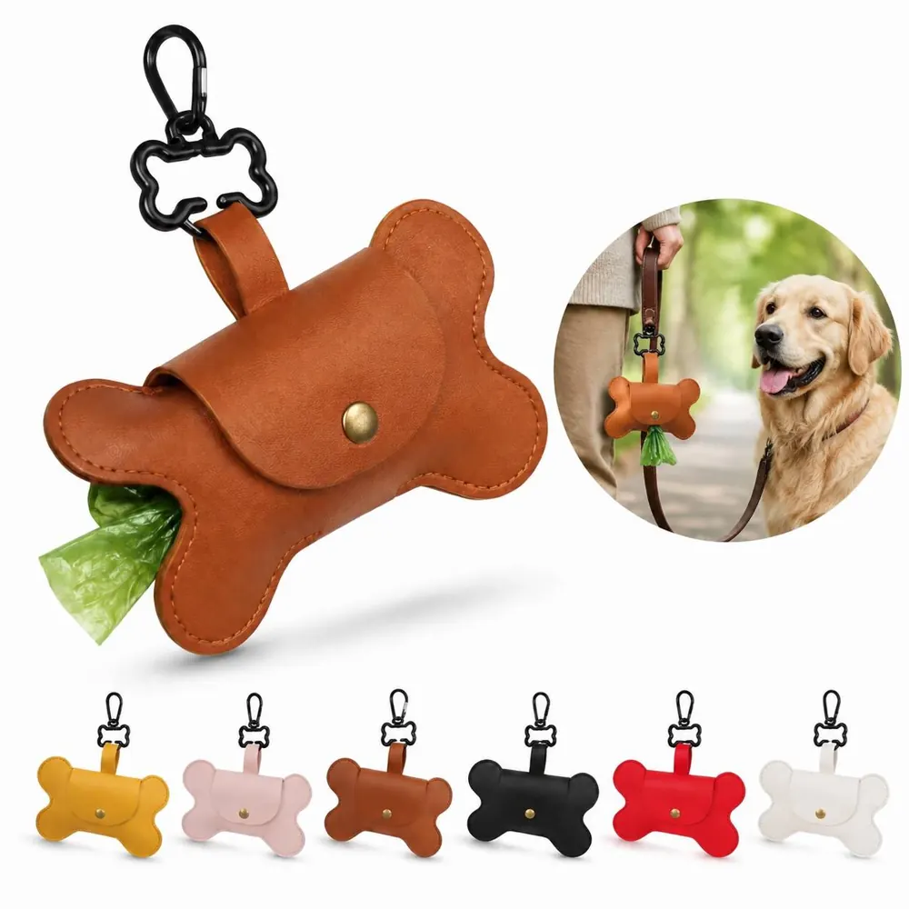 PU Leather Pet Waste Bag Dispenser with Clip for Leash 2