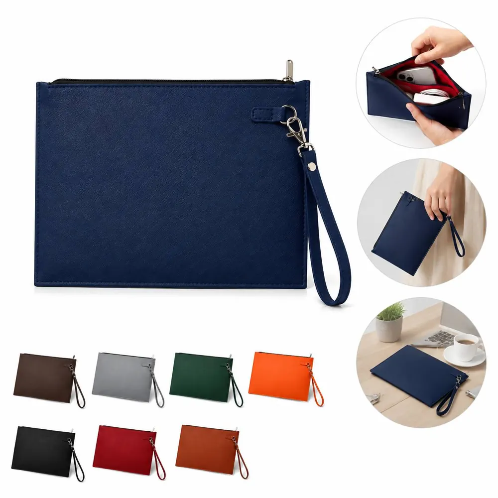 A4 PU Leather Zippered Document Bag with Clear Front Panel 2