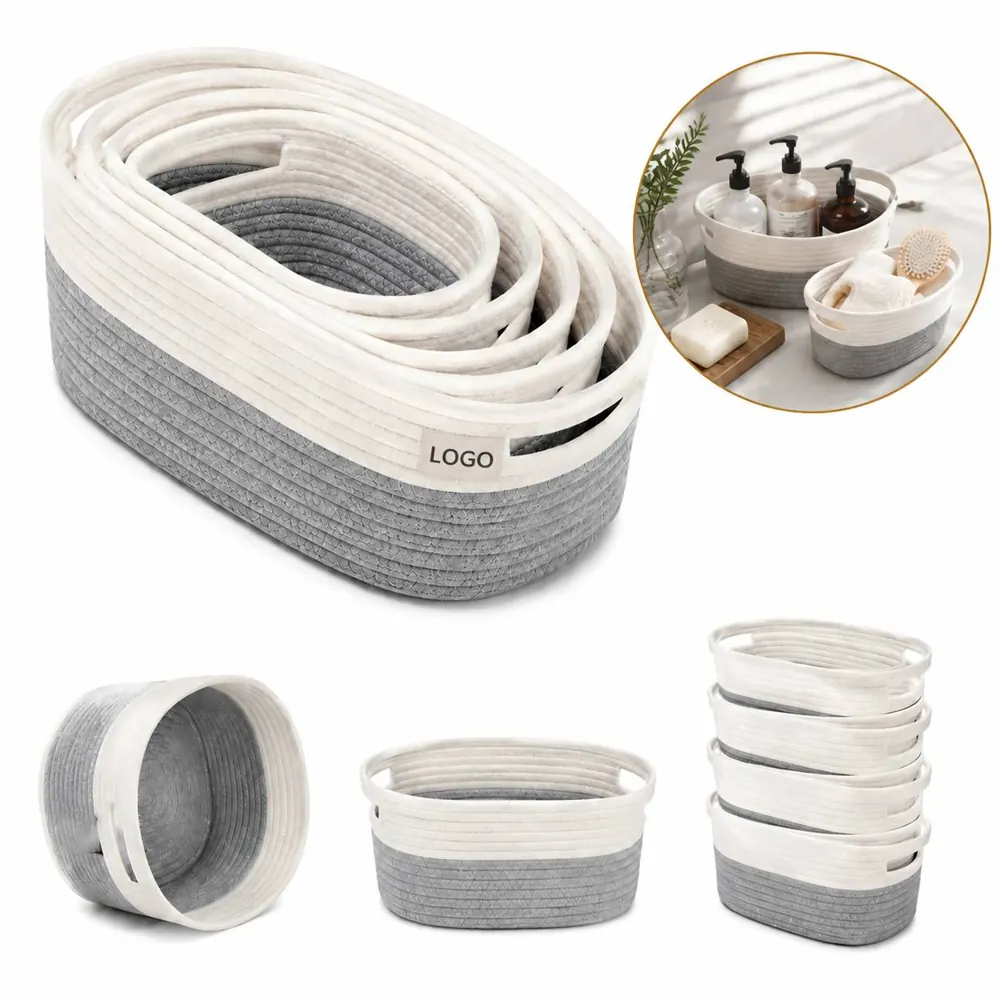 Handwoven Cotton Rope Basket Set of 5, Natural Storage